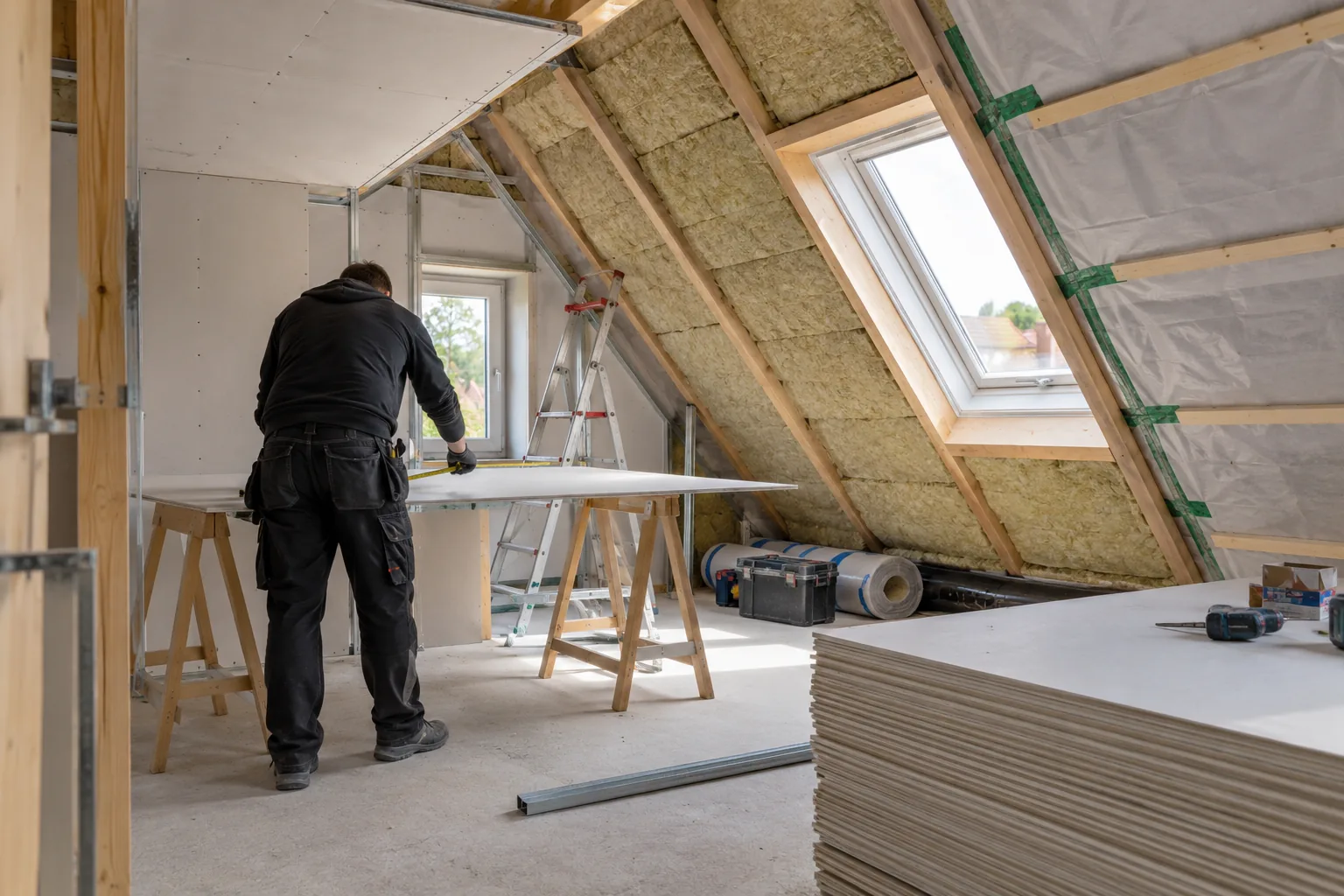 Dachgeschossausbau in Arbeit: Zwischensparrendämmung und Dampfbremse sind gesetzt, eine Gipsplatte wird für die Beplankung zugemessen.
