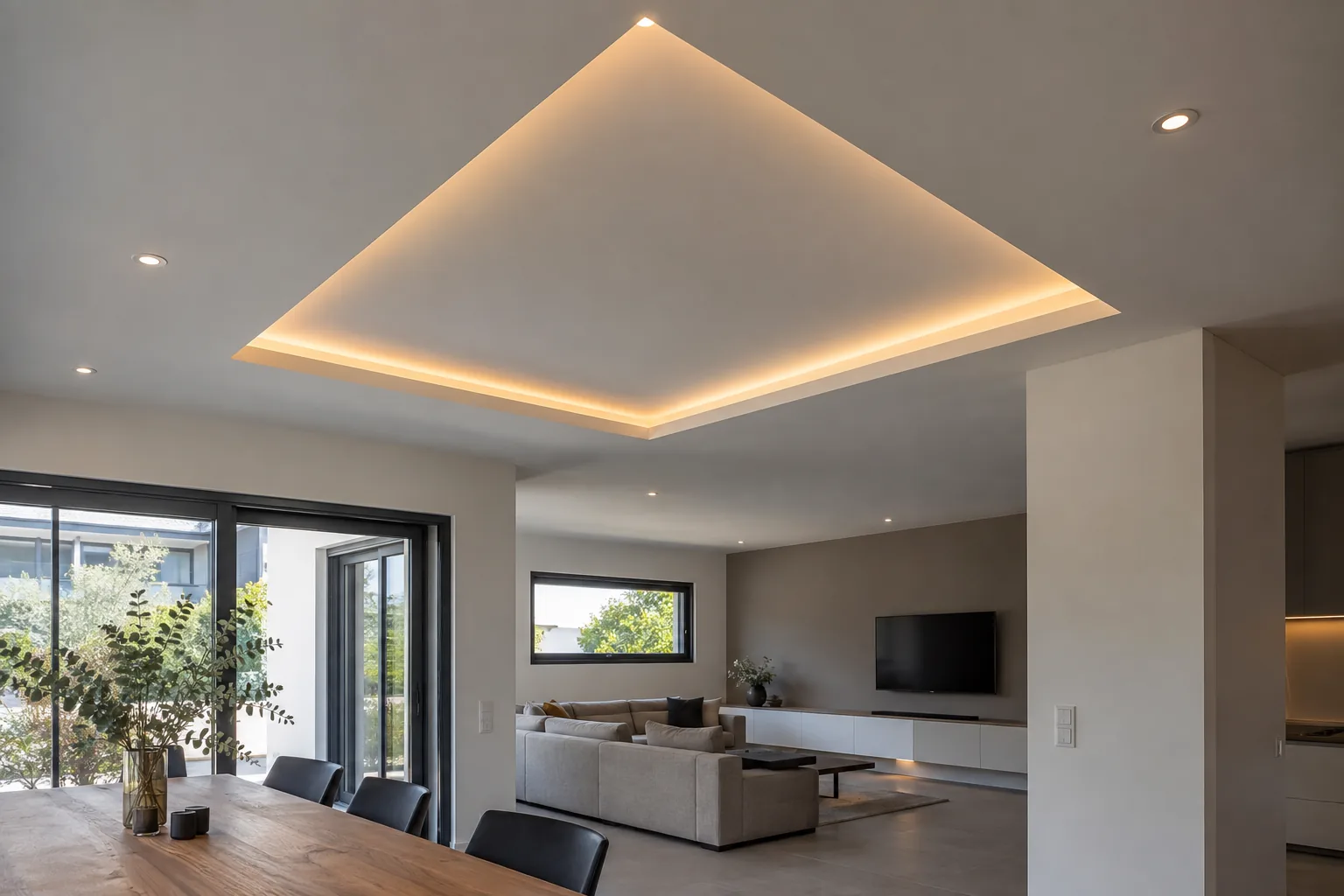 Abgehängtes Deckenfeld über dem Wohnbereich, umlaufend mit einer Lichtvoute hinterlegt, dazu bündig eingelassene Downlights.
